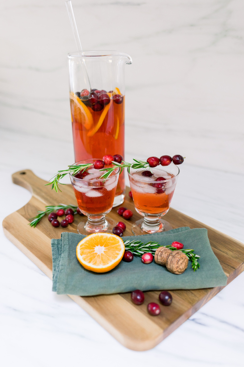 Cranberry Tequila Punch in Pitcher and Wine Glasses