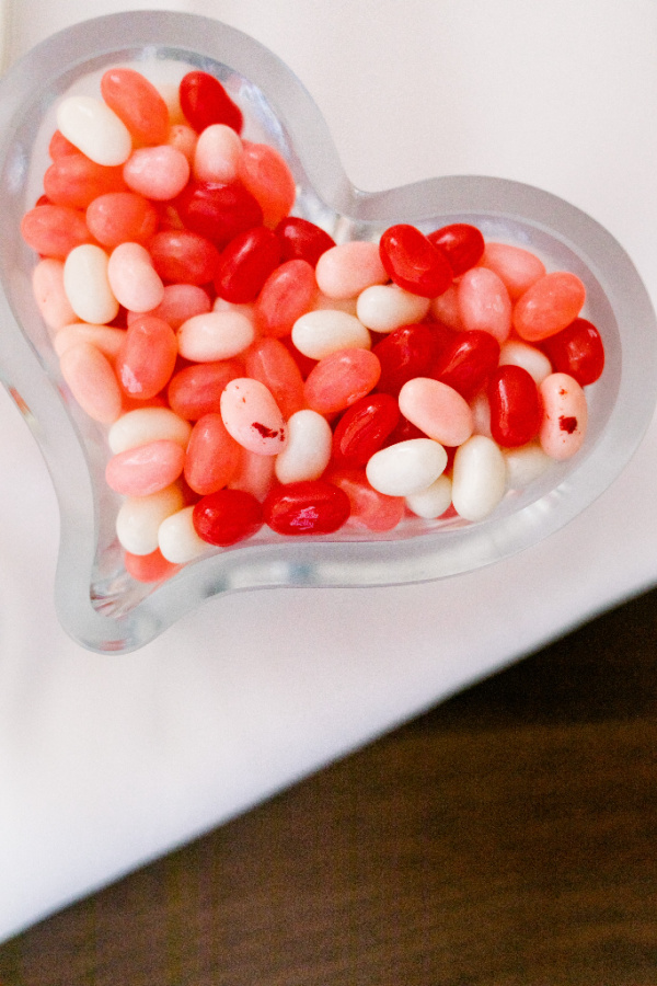 Heart bowl and red and white jelly beans