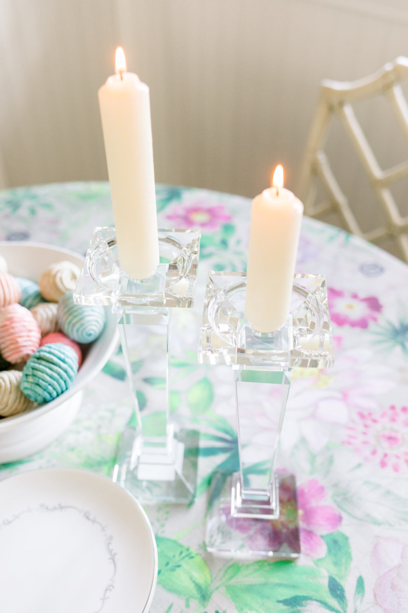 Crystal Candlesticiks and floral table cloth