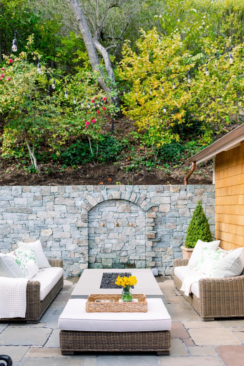 Patio Seating Area with fire pit and water feature