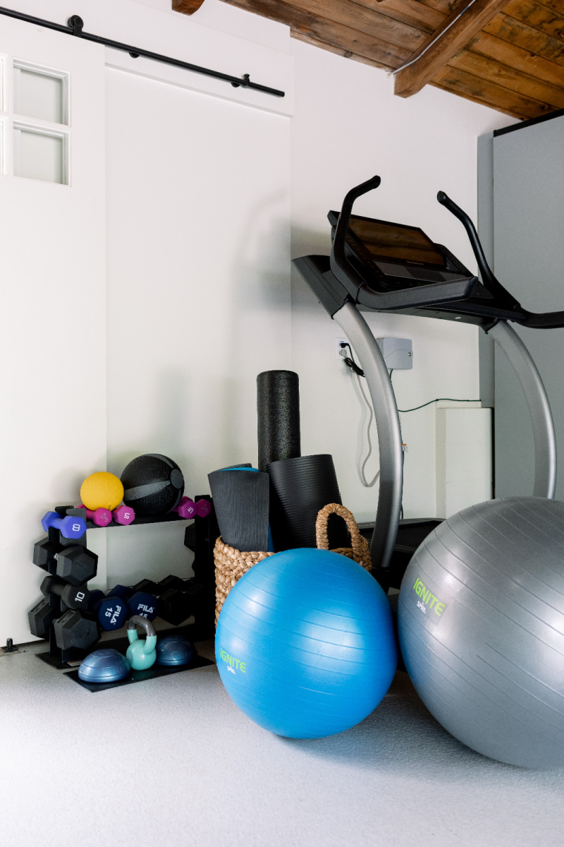 Treadmill, exercise weights and balls