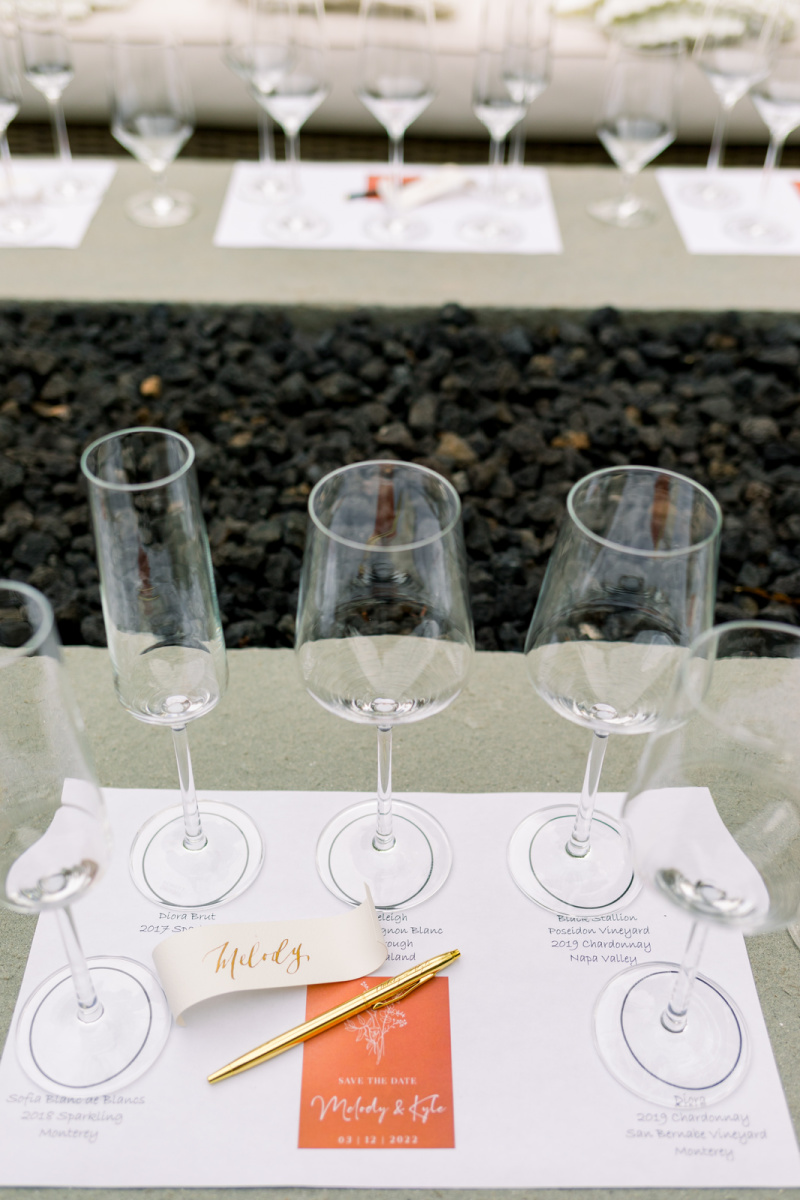 Wine tasting mat with glasses around fire-it