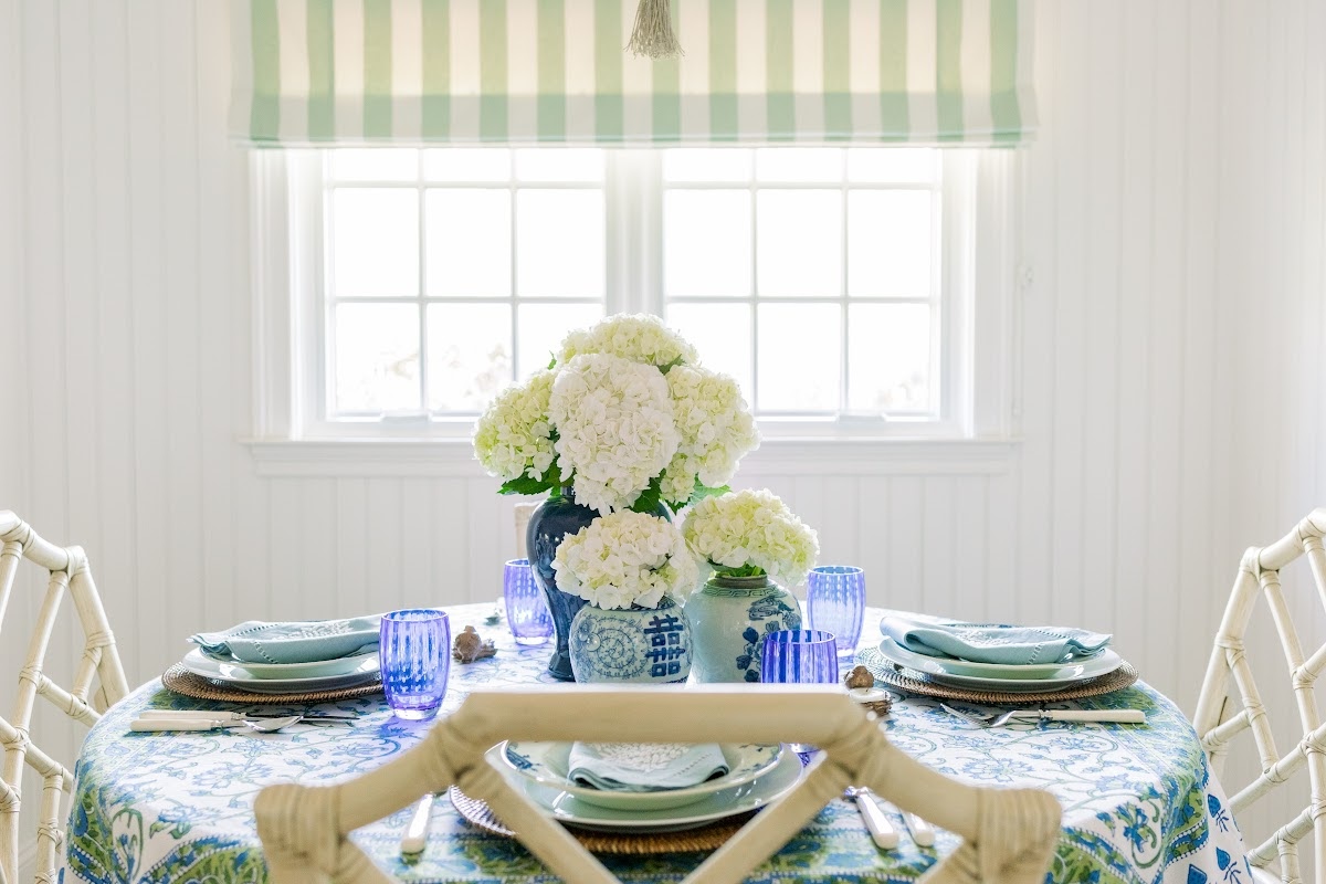 Blue white and green table setting