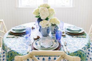 Blue and white table setting