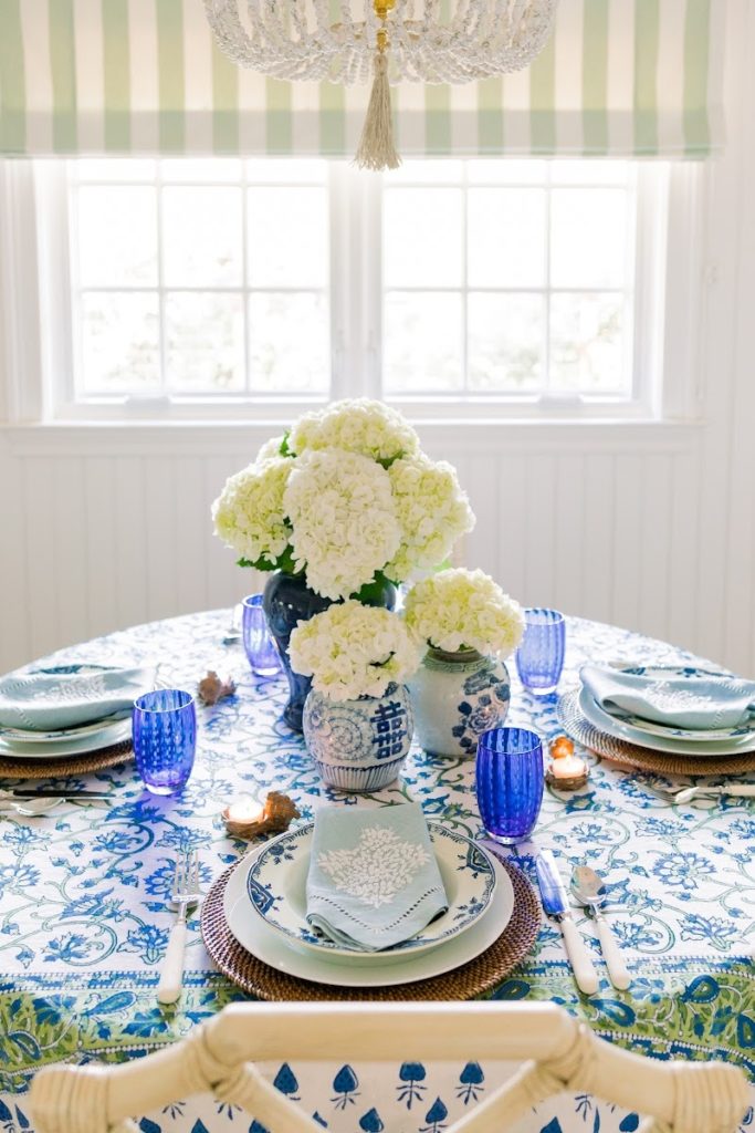 Blue white and green table setting
