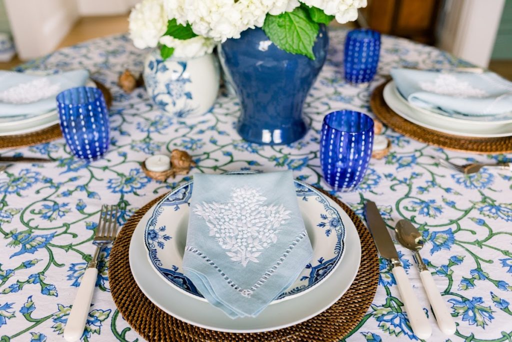 Blue and white place setting