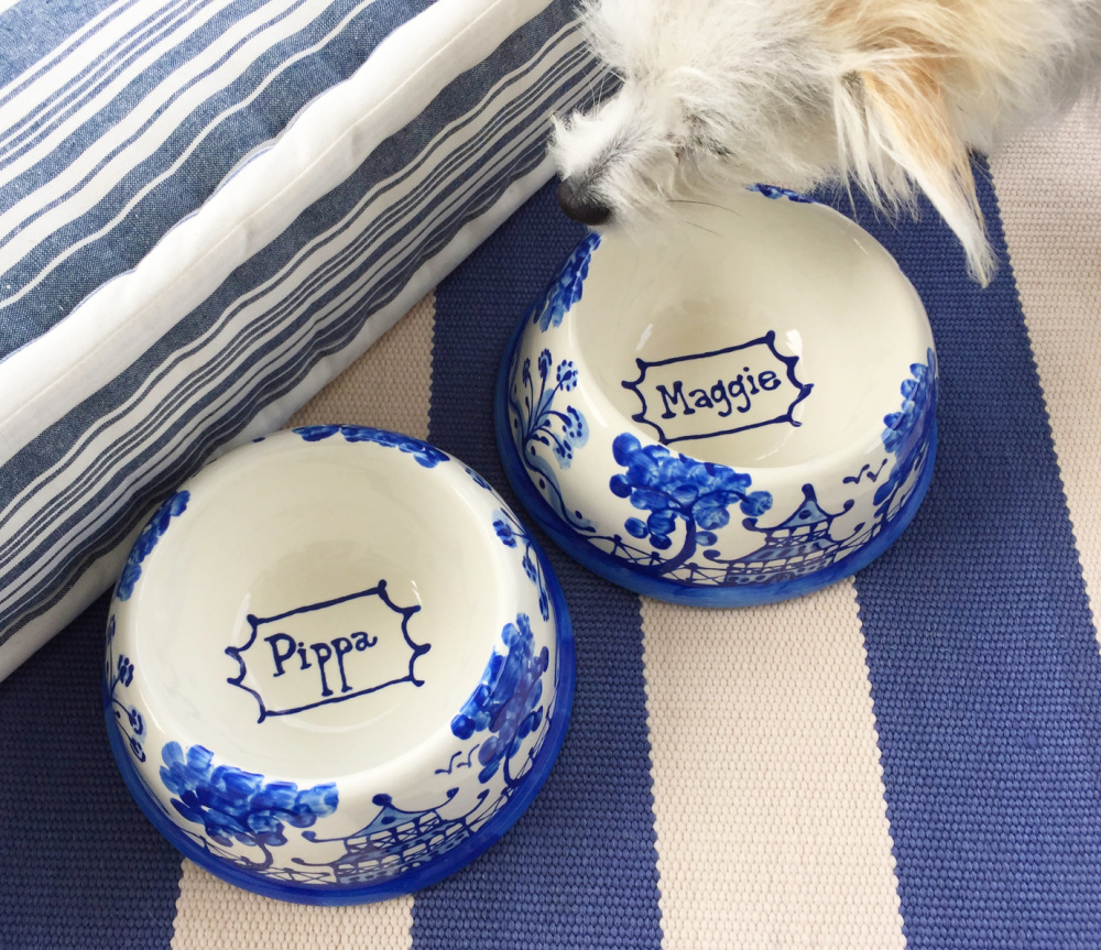 Blue and white dog bowls