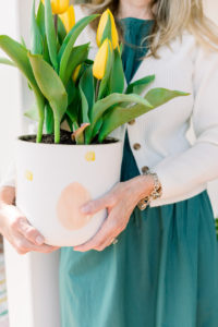 Woman holding pot of tulips
