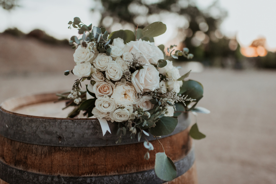 Wedding Bouquet resting on barrel
