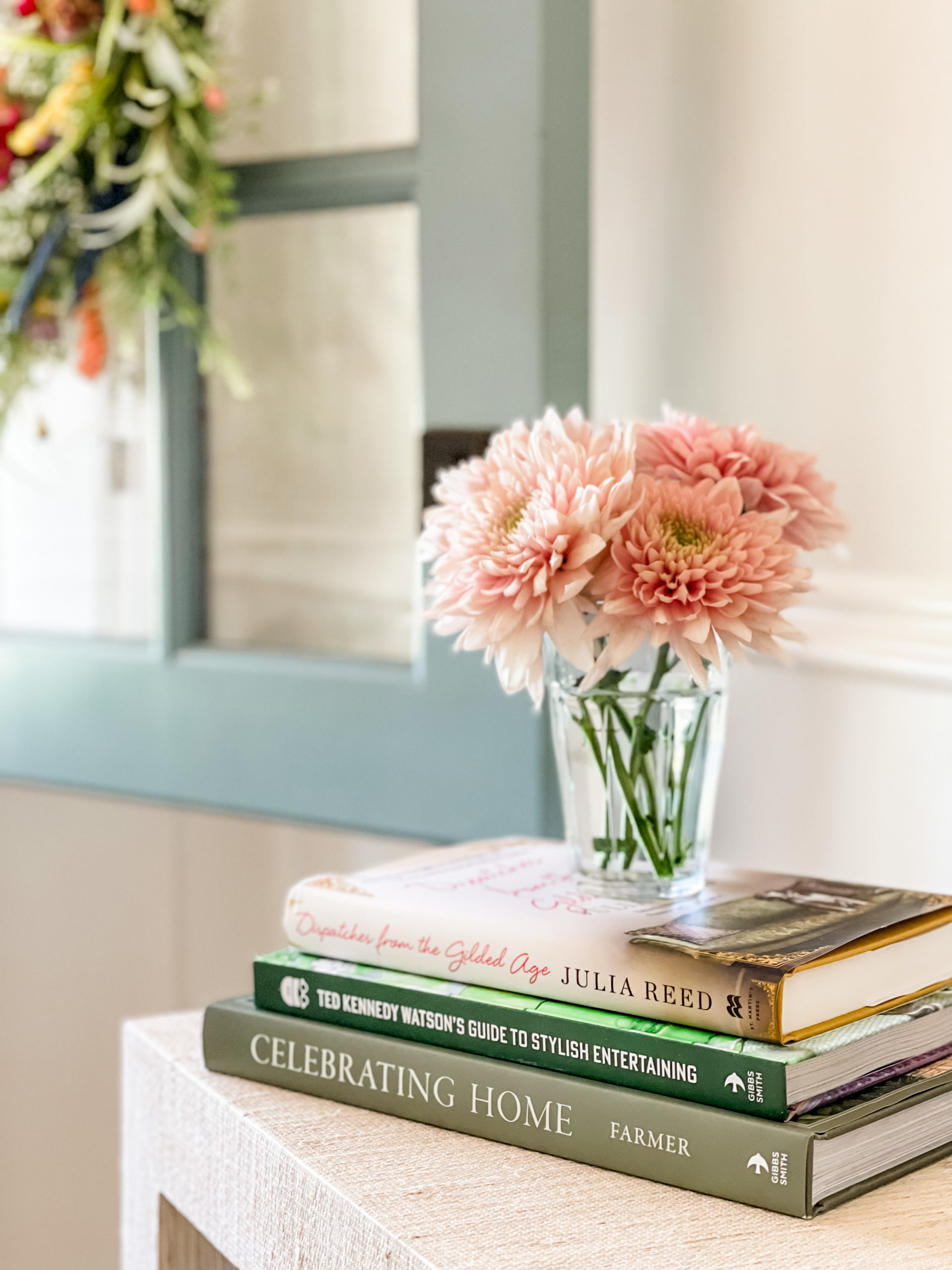 Books and flowers in foyer