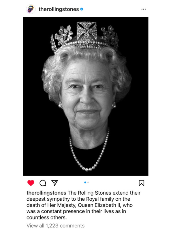 Rolling Stones Instagram Post on the passing of the Queen.