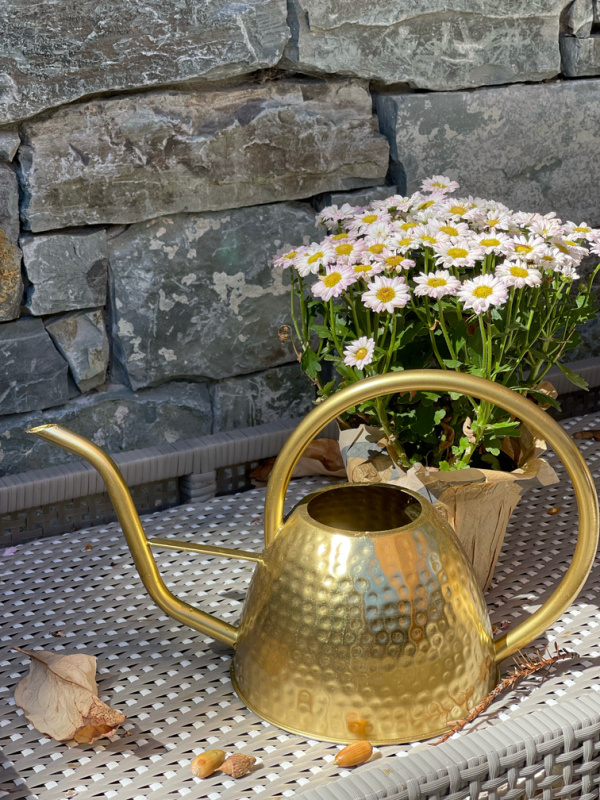 Small watering can on console table with pot of mums.