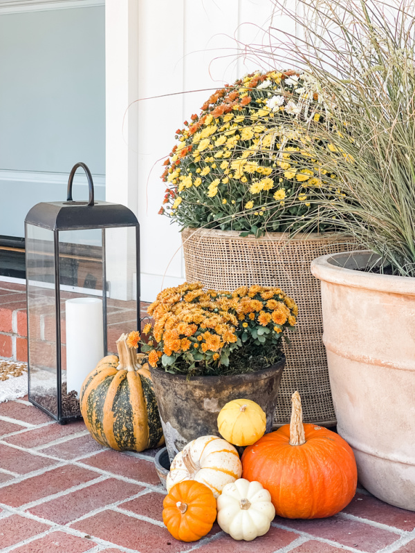 pumpkins, plants and lantern on brick front porch