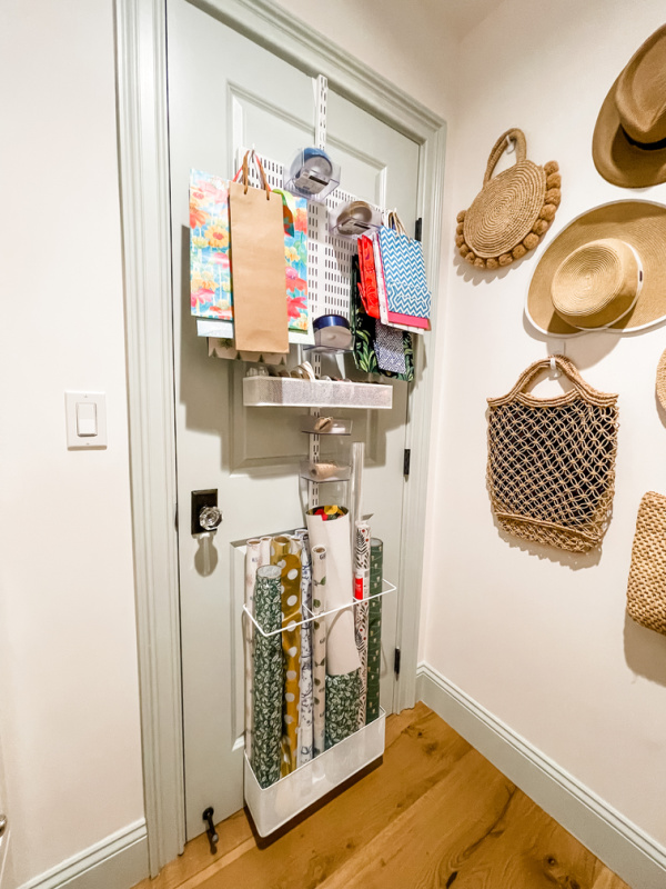 Closet door wrapping organizer and hat and bag wall.