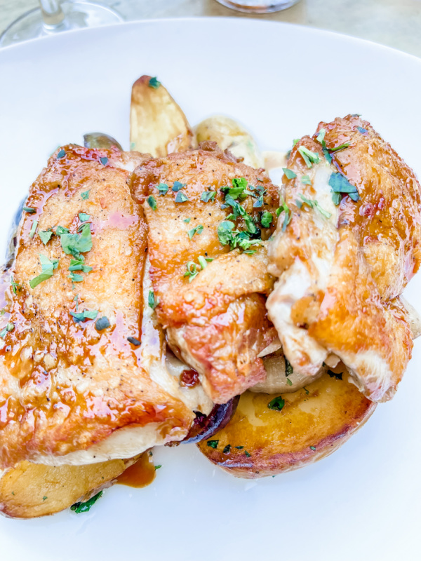 Chicken thighs and potatoes.