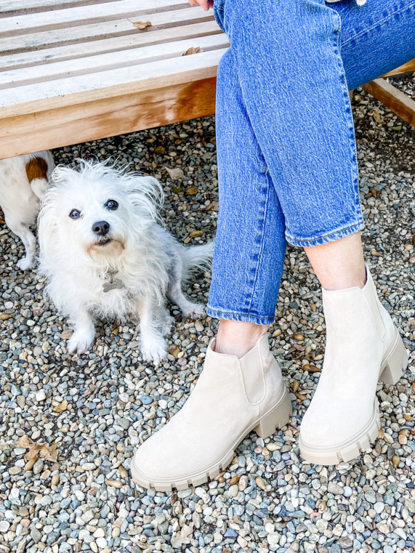 Small white dog sitting under bench next to woman wearing Steve Madden ankle boots.