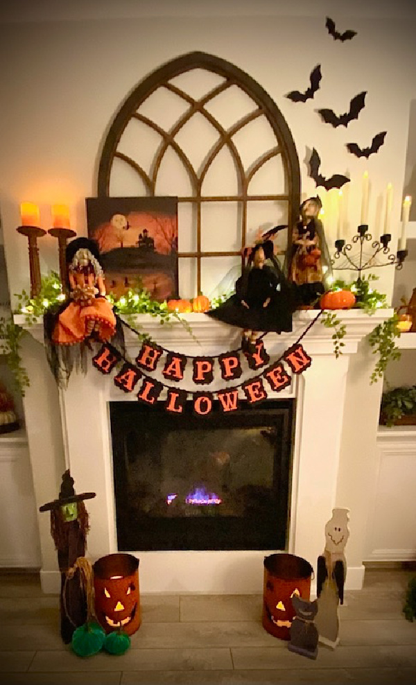 Family room fireplace decked out for Halloween.