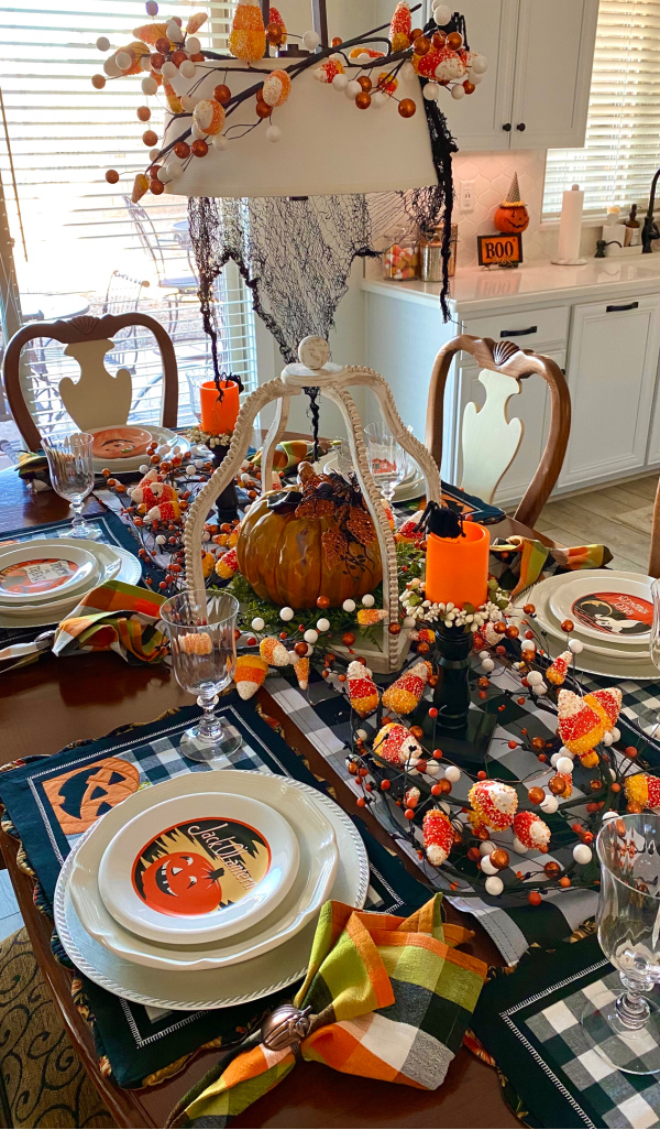 Kitchen table decorated for Halloween.