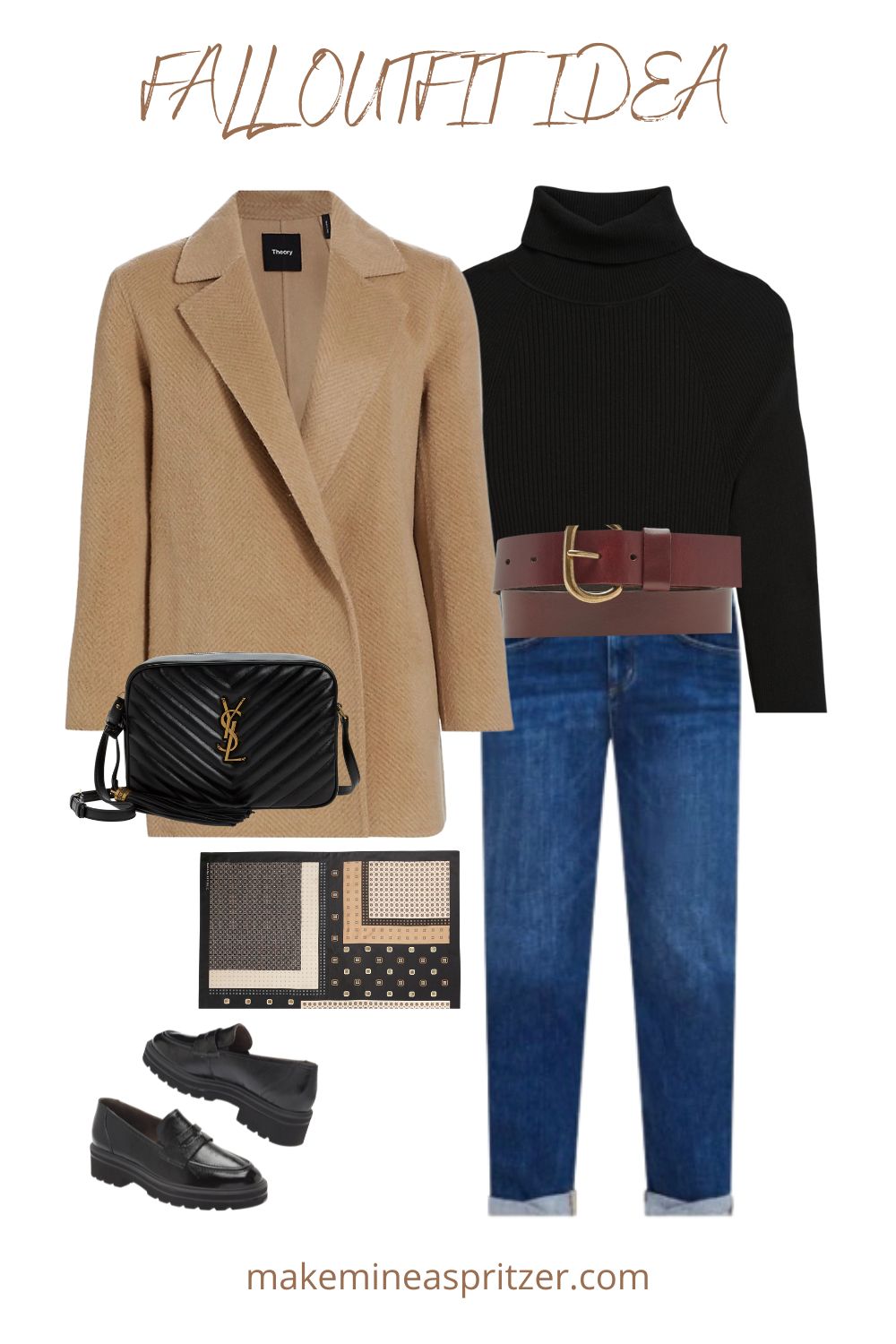 Camel peacoat outfit collage.