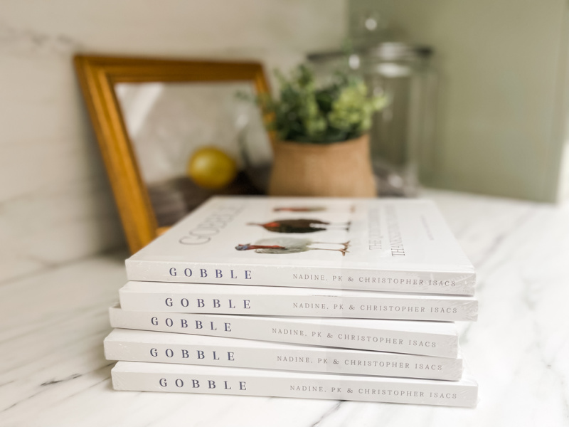 Stack of Gobble books on kitchen counter.