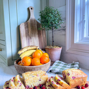 Cranberry Bread Loaves on bread board.