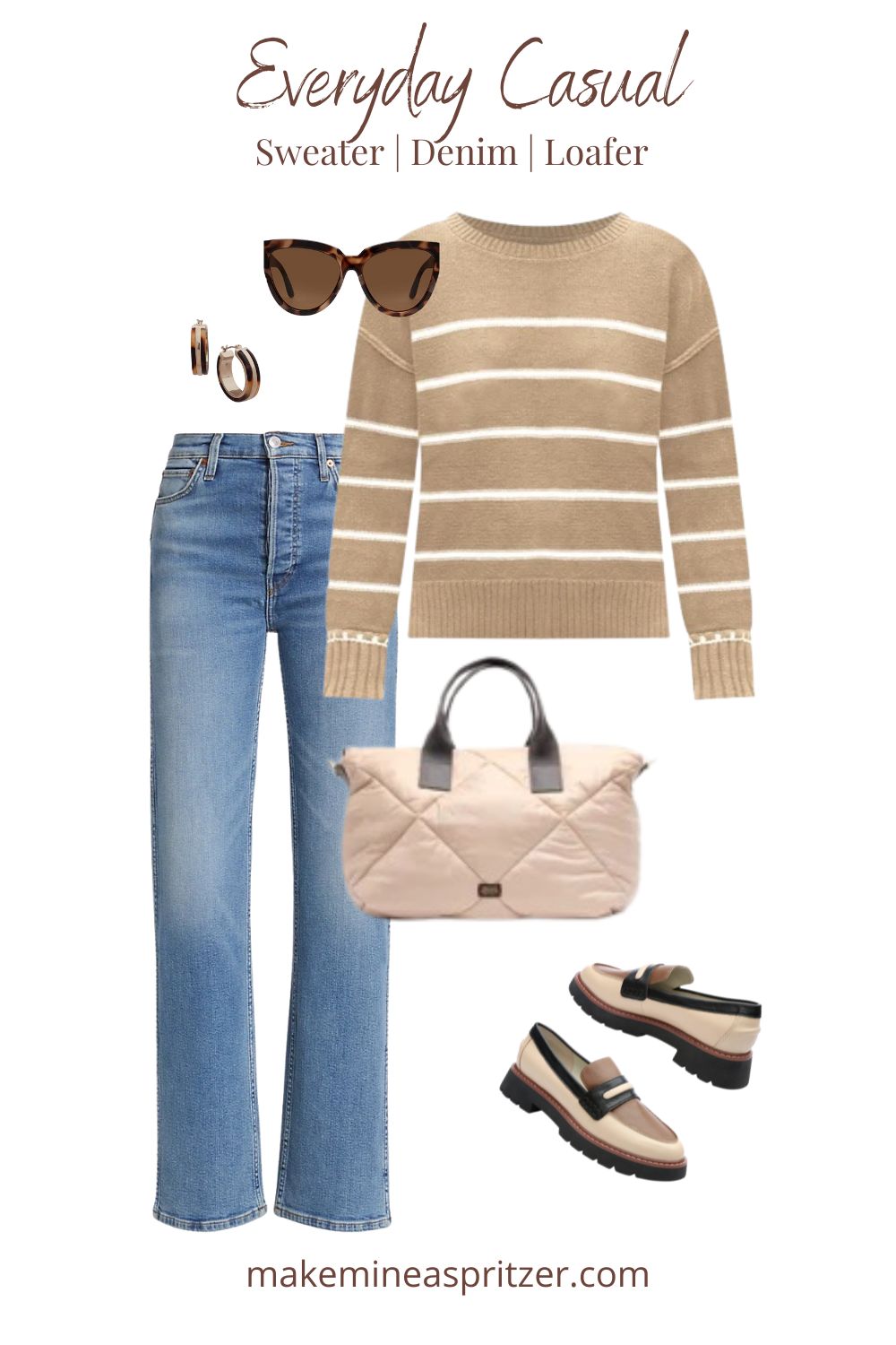 Denim Sweater Loafer Outfit Collage.
