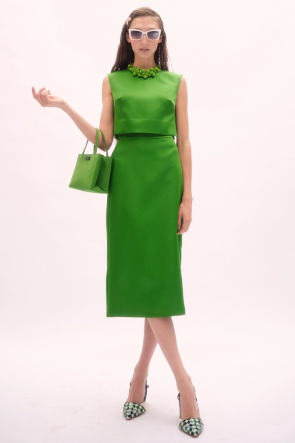 Green dress and bag from runway.