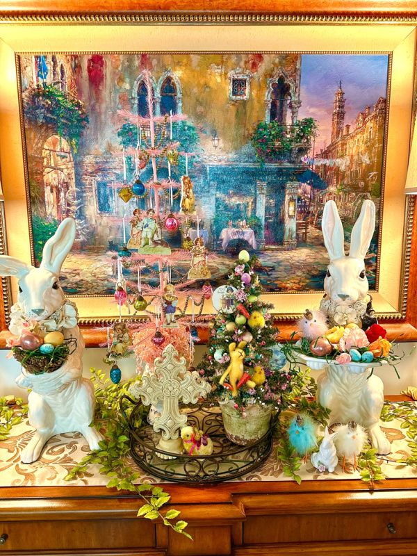 Easter decoration display on sideboard.