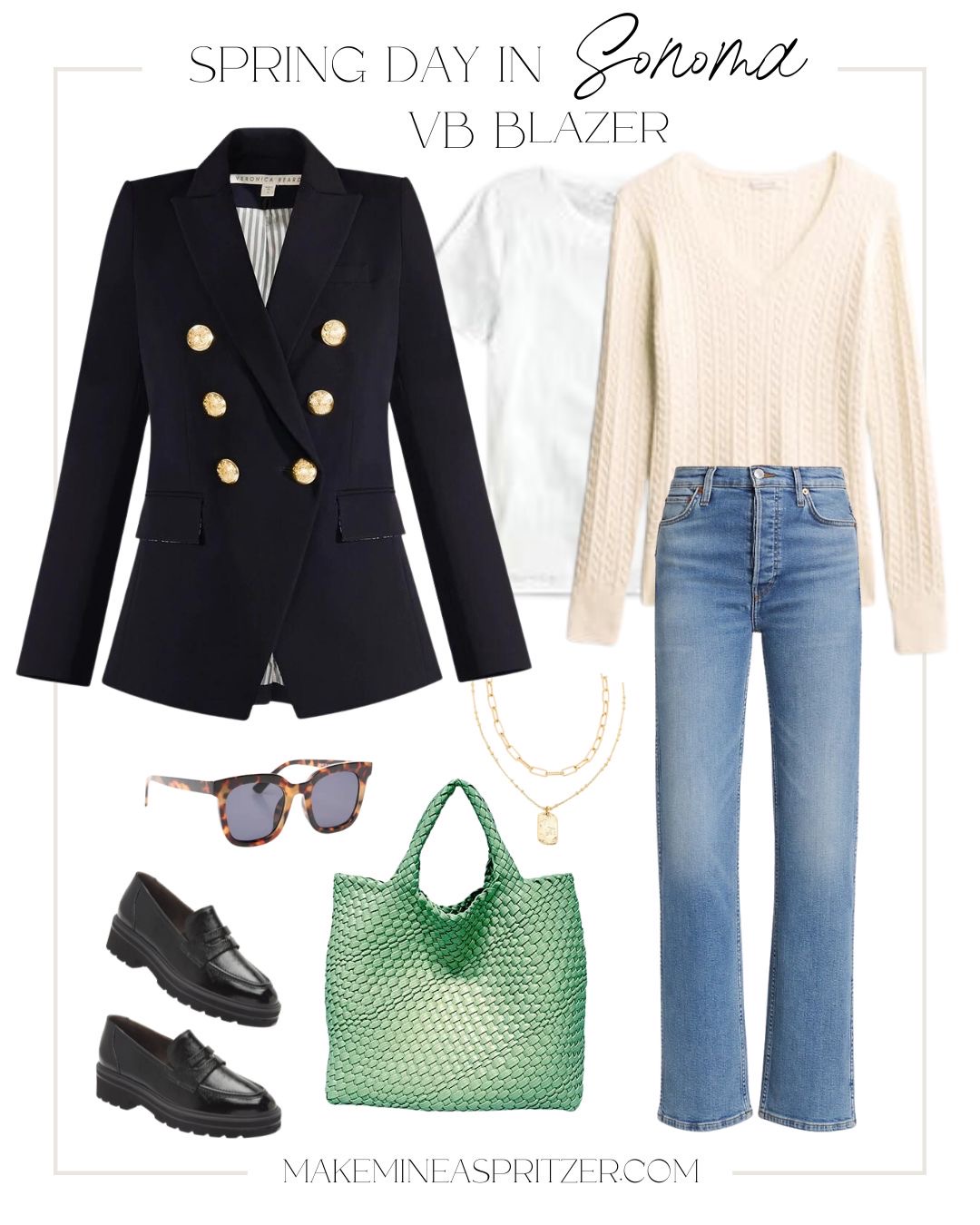 Outfit collage with Veronica Beard blazer.
