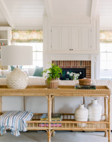 Serena & Lily South Seas console behind white sofa in great room.