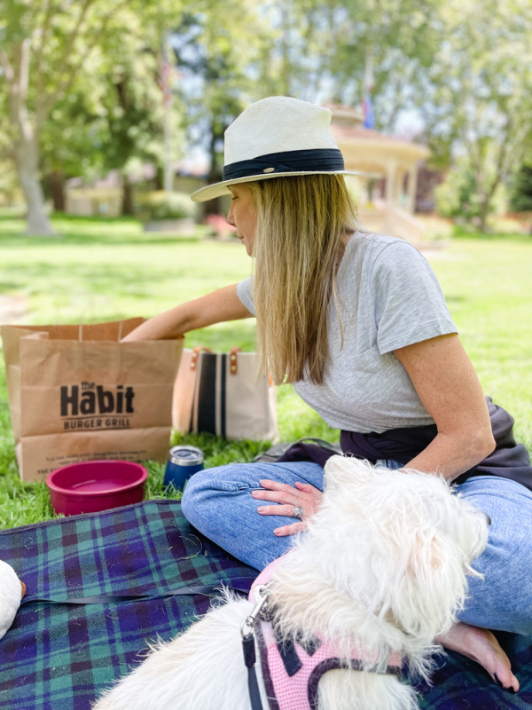 Woman and little white dog on picnic blanket in the park.