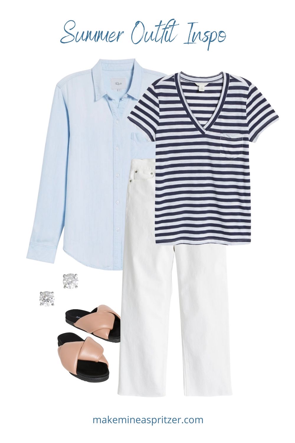 Striped tee shirt with white pants and blue shirt collage.