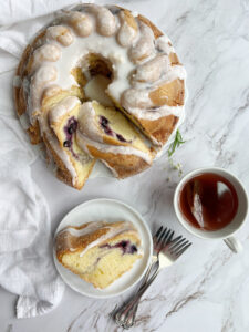 Pinecones and Acorns blueberry swirl bundt cake.