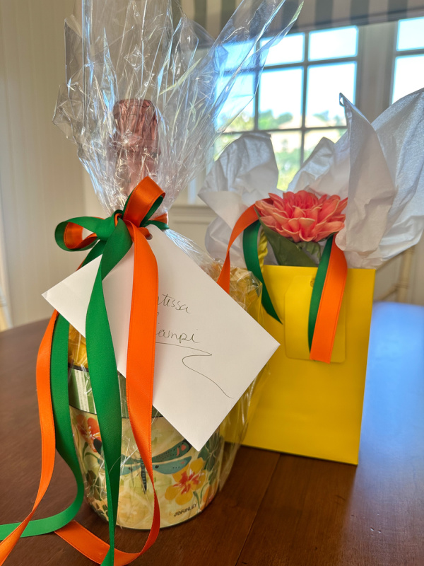 Party gifts wrapped in yellow, orange and green.