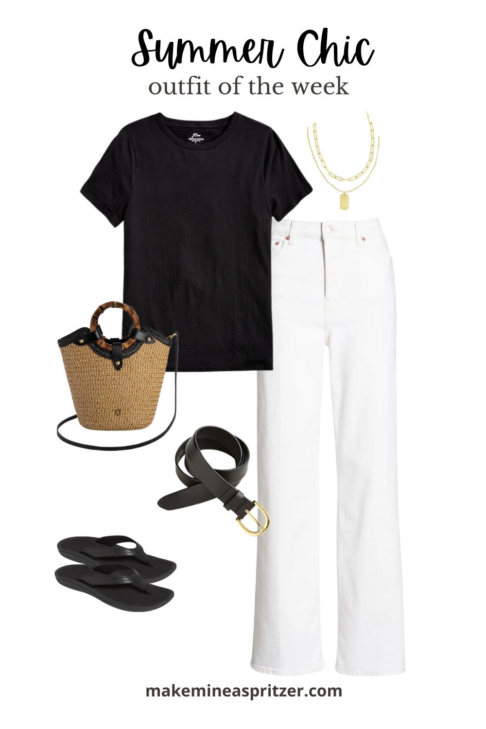 Summer black and white outfit collage.