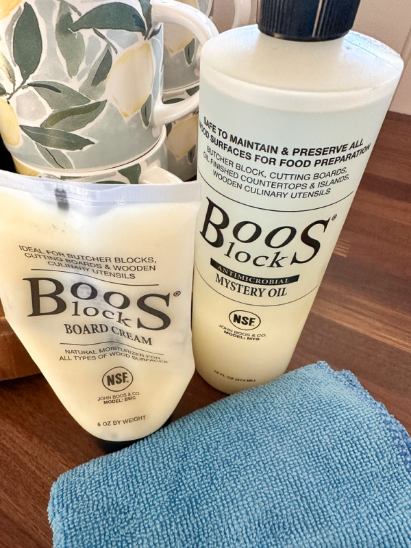 Boos cleaning products and microfiber cloth.