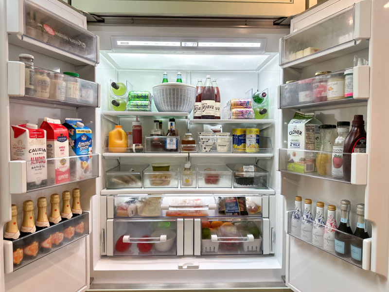 Inside an organized refrigerator.