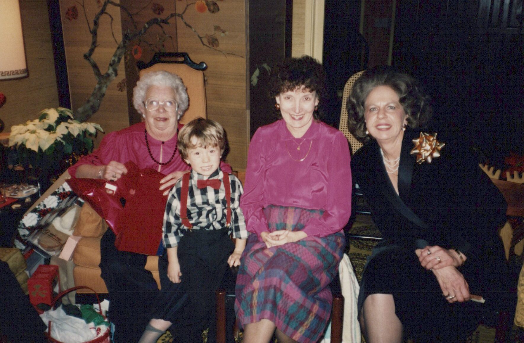 Photo of grandma, daughters and great grandson on Christmas Eve 1987.