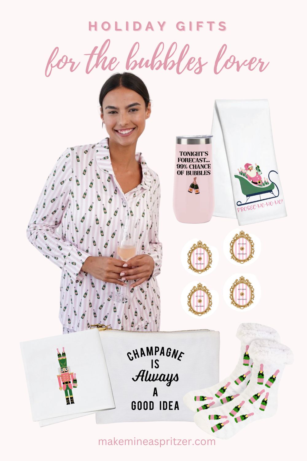 Toss Designs champagne pajama product collage.