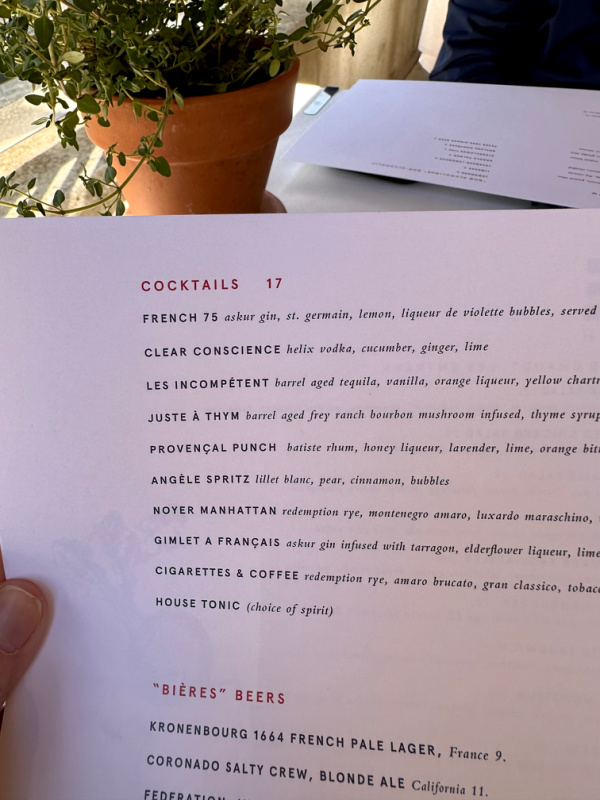 Cocktail menu at Angele in Napa