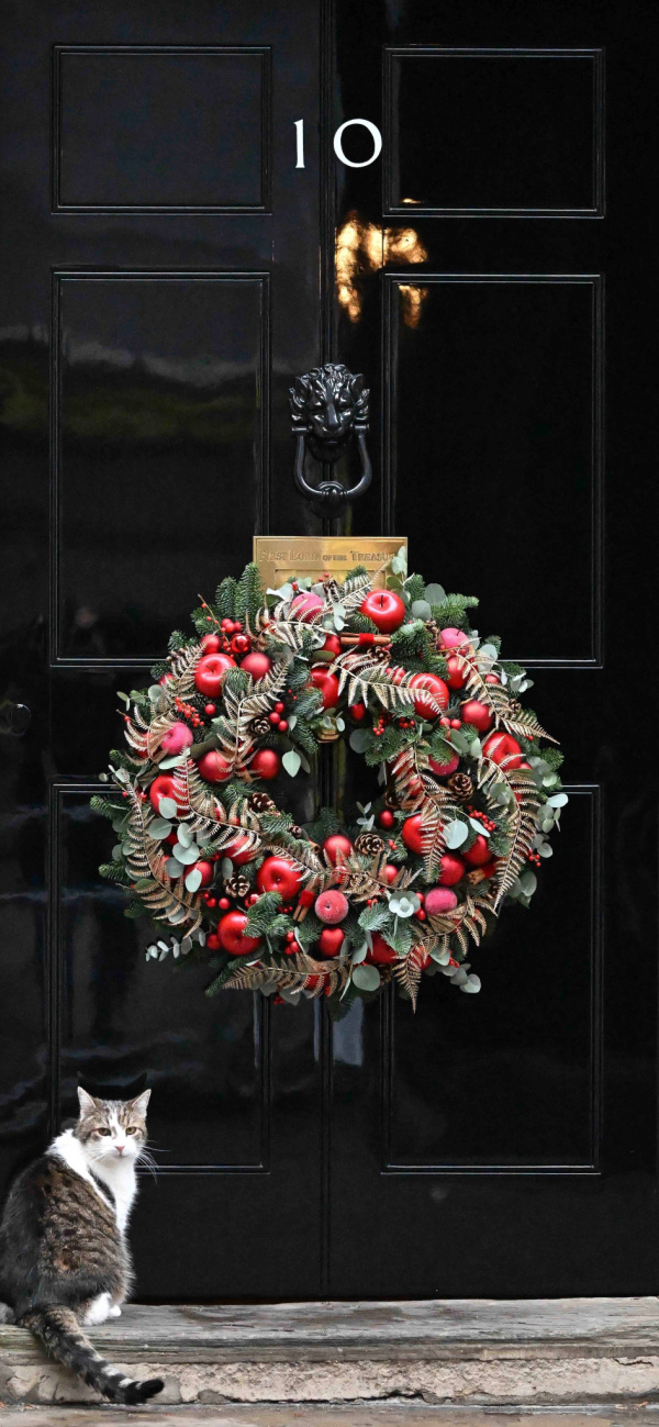 Larry the Cat alongside a holiday wreath on the door of 10 Downing Street.