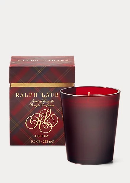 Ralph Lauren Holiday candle sitting next to holiday box.