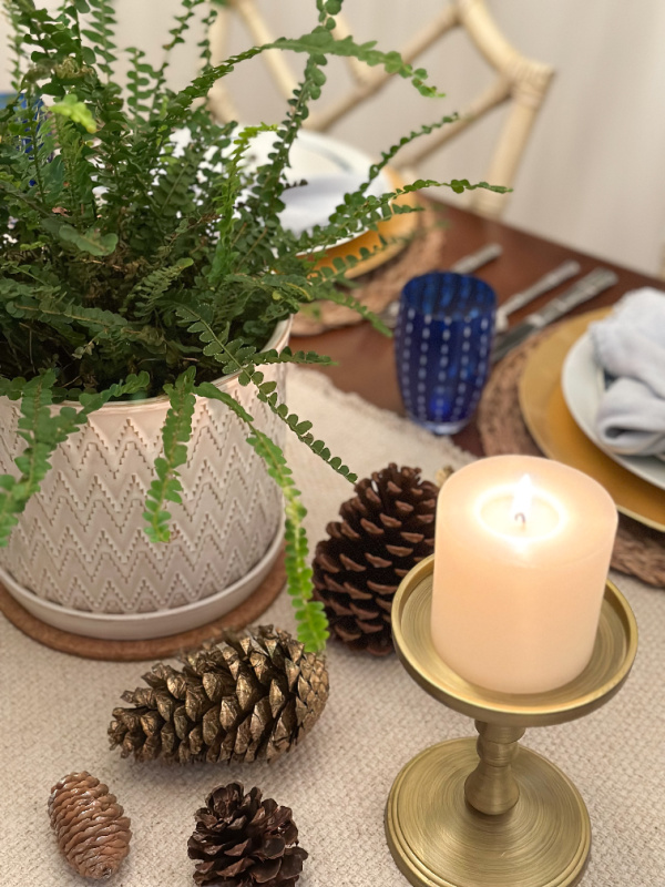 Holiday table setting with candles and pinecones.