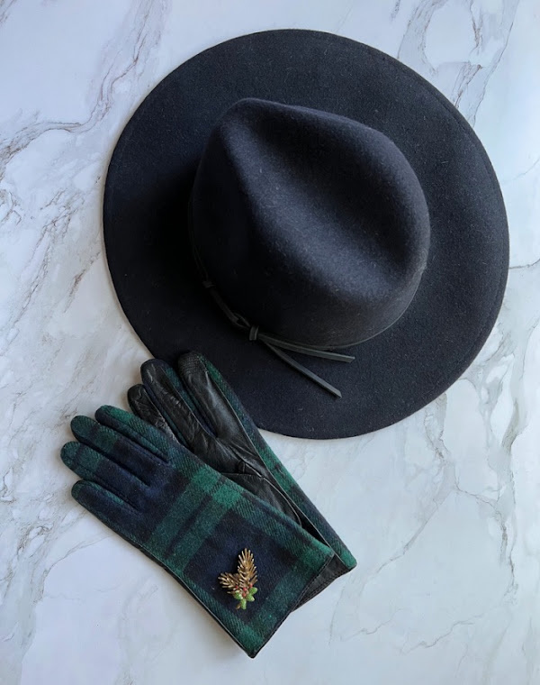 Overhead shot of hat and gloves with brooch pinned to glove.