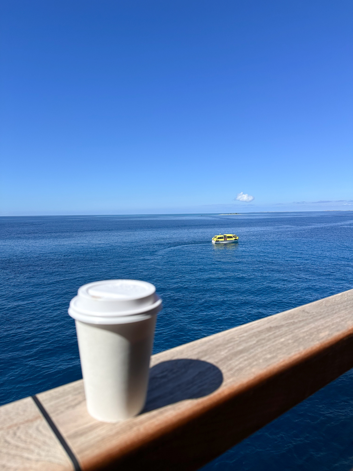 Cup of coffee on deck rail of Evrima yacht.