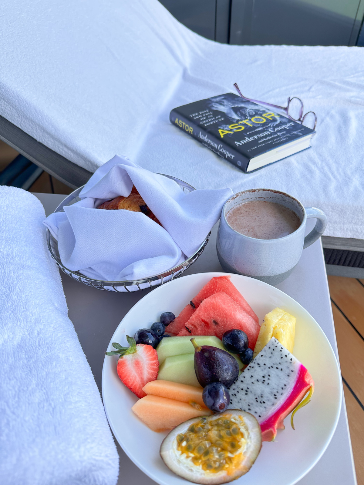 Breakfast served on terrace of Evrima yacht.