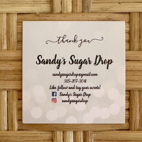 Sandy's Sugar Drop business card.