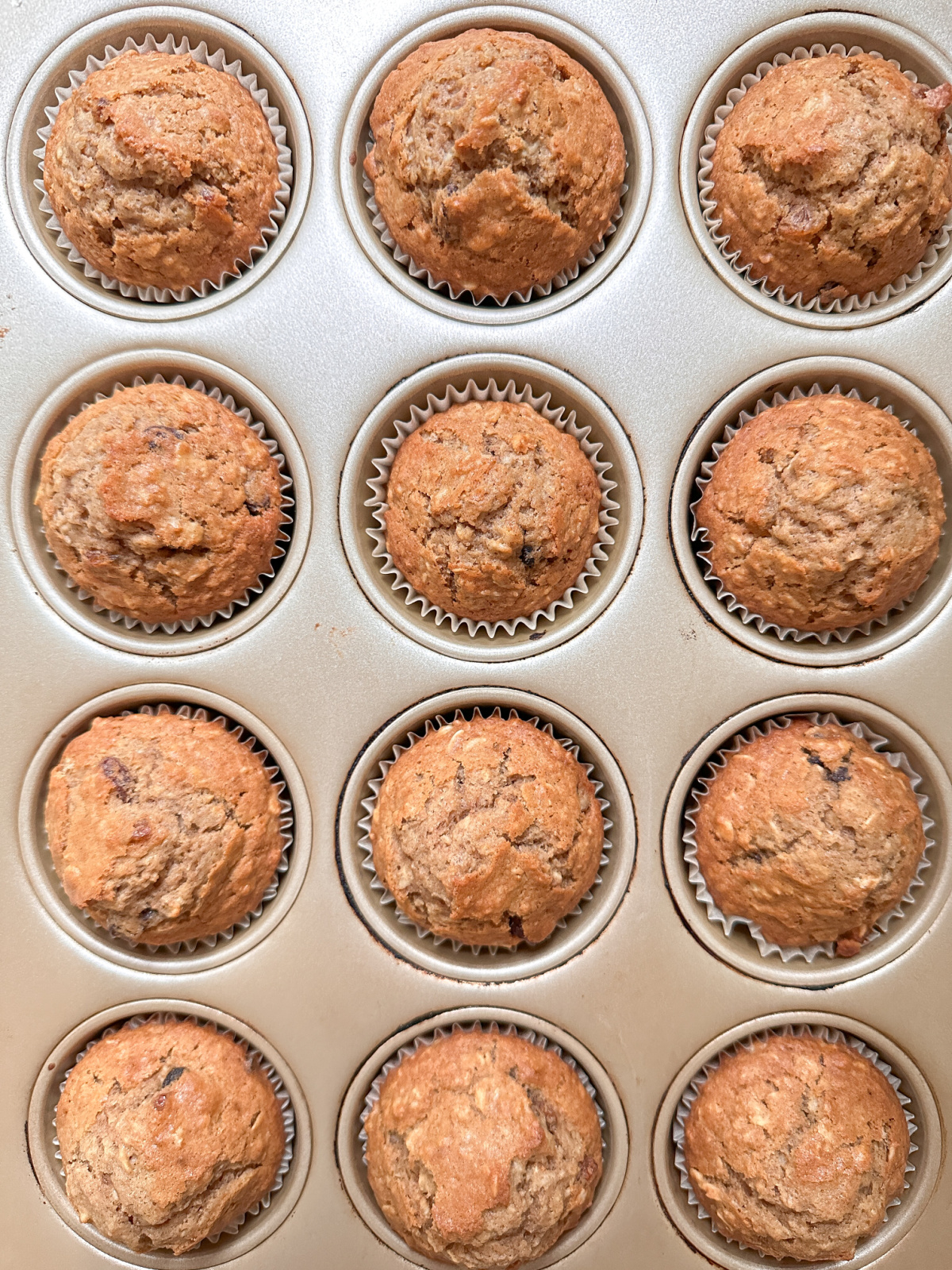 Baked oatmeal muffins in muffin pan.