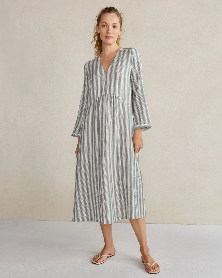 Woman modeling striped caftan from Talbots.
