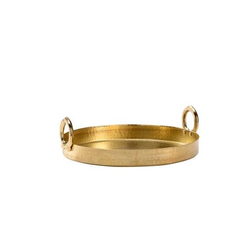 Round brass tray with handles.